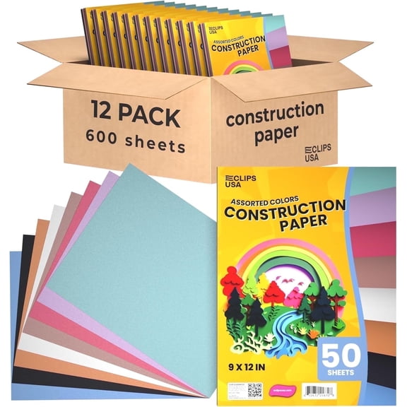 E-Clips USA 72-Sheet Construction Paper Book, Assorted Color Art Paper, 9” x 12”, 12-Pack