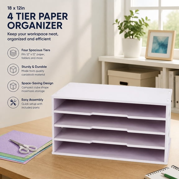 Construction Paper Organizer 18" x 12", 4 Tier Adjustable Desktop Paper Sorter, Cardstock Storage Rack, File Organizer for Home Office School