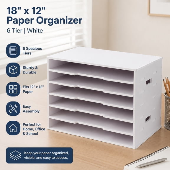 Construction Paper Organizer 20" x 13", 6 Tier Adjustable Desktop Paper Sorter, File Storage Rack for Cardstock, Documents, Scrapbook Supplies