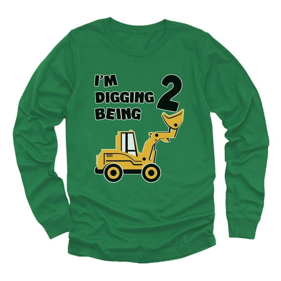 Construction Party 2nd Birthday Shirt Two Year Old Gifts I'm Digging Being 2 Toddler Kids Long Sleeve T-Shirt 2T Green