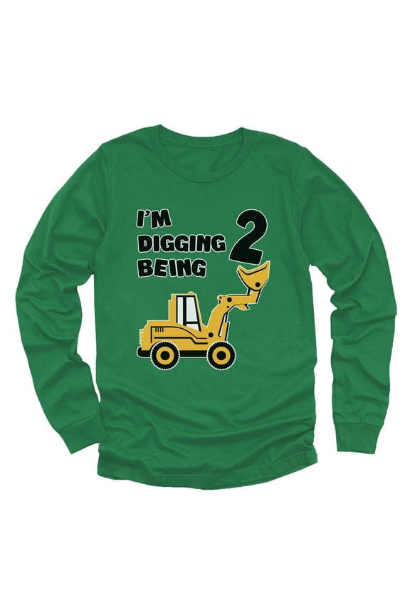 Construction Party 2nd Birthday Shirt Two Year Old Gifts I'm Digging Being 2 Toddler Kids Long Sleeve T-Shirt 3T Green