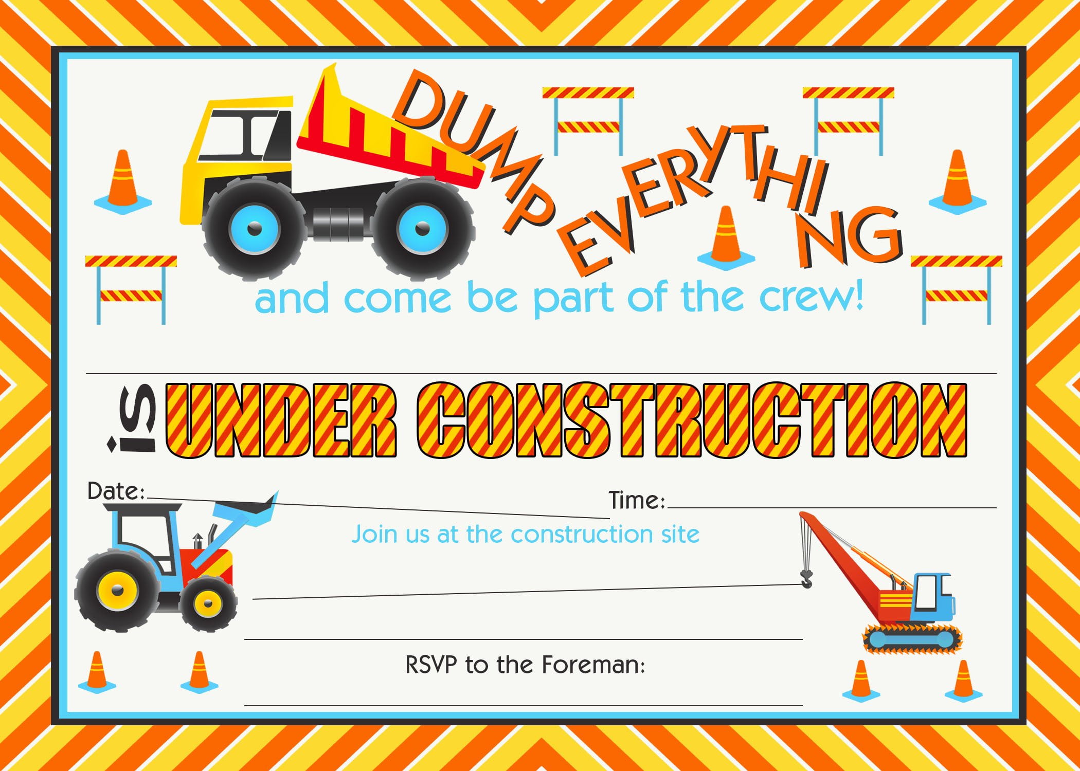 POP PARTIES Construction Party LARGE Invitations - 20 Invitations + 20 Envelopes