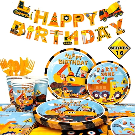 Construction Party Supplies Tableware Set,128 pcs Construction Birthday Party Plates Cups Napkins Tablecloth etc Construction Party Tableware for Truck Excavator Construction Theme Party,Serves 16