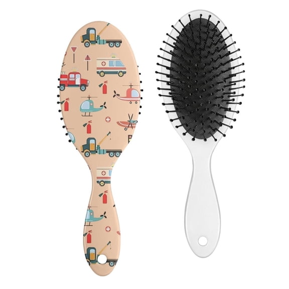 Construction Pattern Hair Brush, Tractor Soft Bristle Paddle Detangler for Wet Dry Hair, Artistic Wooden Handle Comb for Women, Men, Girls, Boys