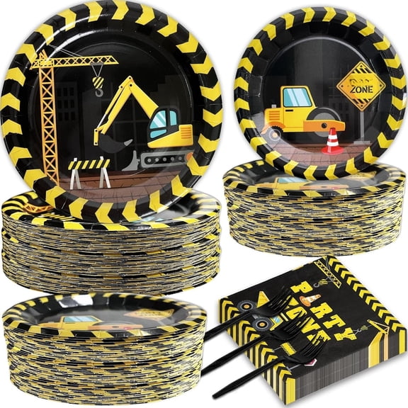 Construction Plates and Napkins Serves 50, Construction Birthday Supplies 200 count Tableware Set Dump Table Decorations Supplies Paper Plates Napkins Forks