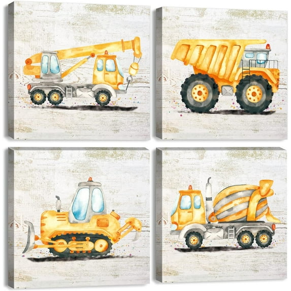 Construction Room Wall Decor Boys Bedroom Decor Car Wall Art Poster Truck Tractor Digger Canvas Pictures for Toddler Boy Room, Watercolor Vehicle Paintings Nursery Artwork Decorations 12x12" 4Pcs