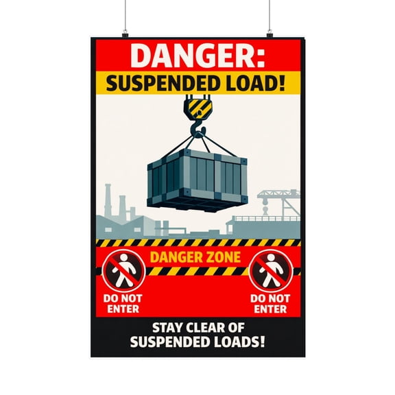 Construction Safety Poster Danger Suspended Load Warning for Crane Operations Jobsite Hazard Sign Decor