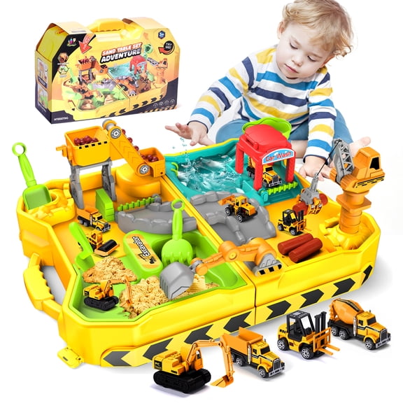 Play Sand For Sandbox,Construction Sand Kit,With Foldable Play Sand Sensory Bin, 4 Alloy Trucks & Beach Tools,Travel Toys Set Outside Play for Kids Ages 3+