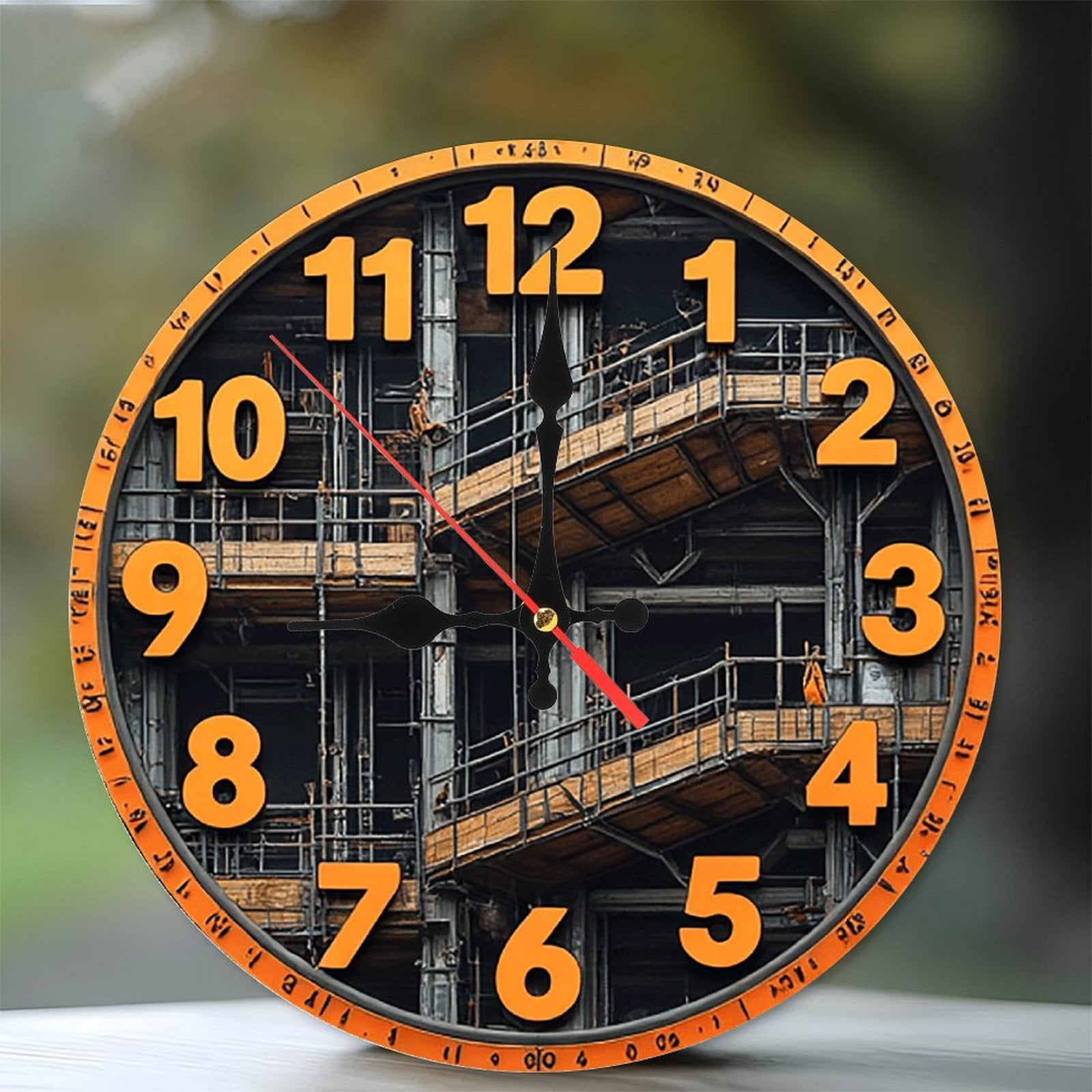 Construction Site Clock Wall Clock Orange Numbers 10-Inch Silent Wooden ...