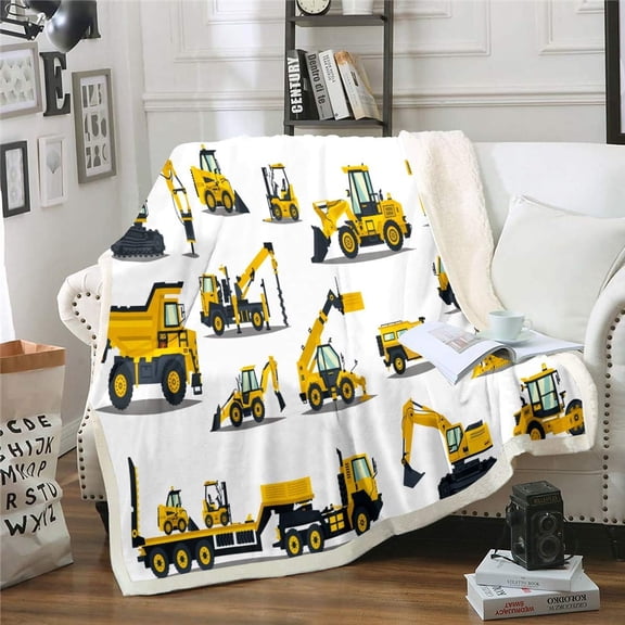Construction Site Fleece Throw Blanket Kids Toddler Excavator Truck Flannel Sherpa Blanket Soft Comfort Plush Blankets for Boys & Girls 60"X80"
