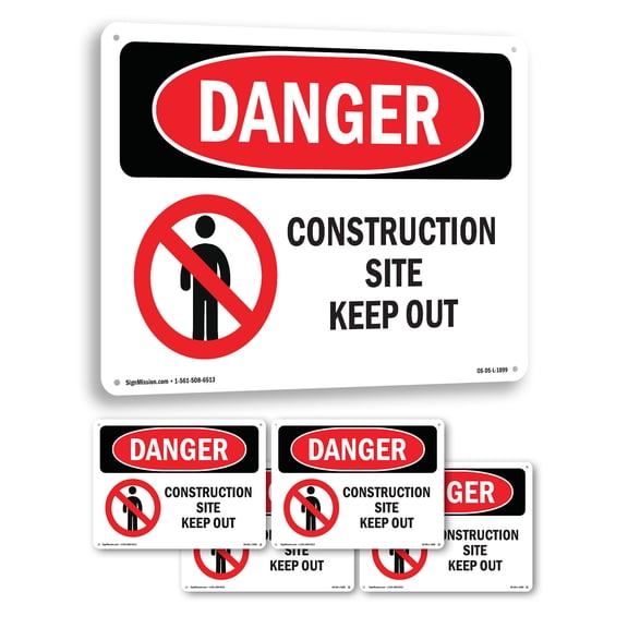 Construction Site Keep Out OSHA Danger Rigid Plastic Sign 24 Inch x 18 Inch - 5 Pack