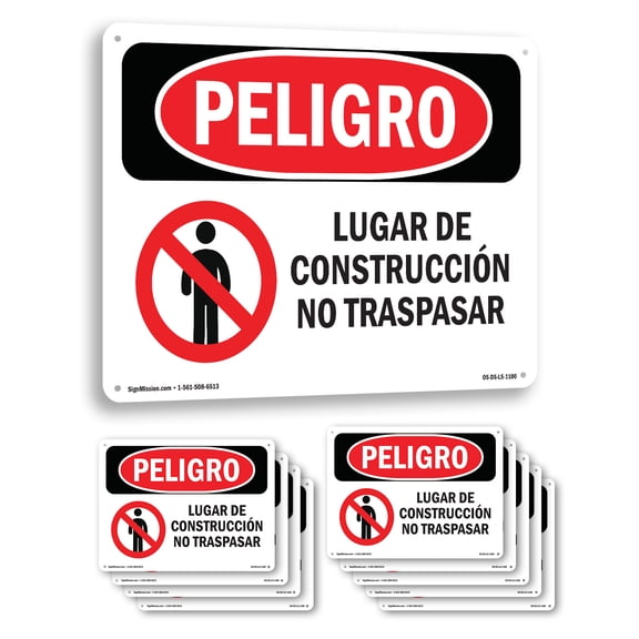 Construction Site No Trespassing Spanish OSHA Danger Aluminum Sign 10 Inch x 7 Inch - 10 Pack
