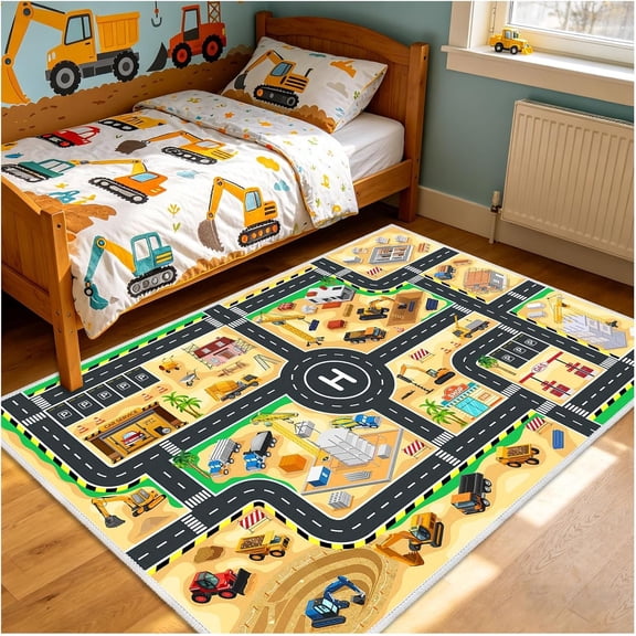 Construction Site Play Rug Engineering Play Mat, 31''X47'' Playmat for Boys Room, Interactive City Road Map Design, Non-Slip Washable Carpet for Playroom Bedroom Classroom