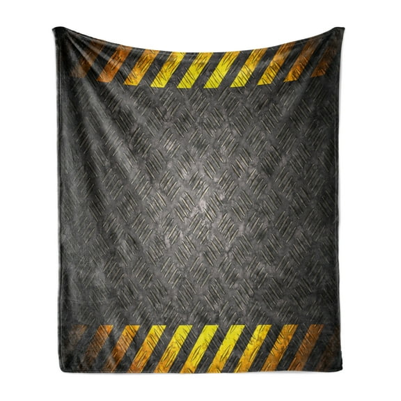 Construction Soft Flannel Fleece Throw Blanket, Abstract Background with Caution Tape Inspired Frame Borders, Cozy Plush for Indoor and Outdoor Use, 50" x 60", Dark Taupe Marigold, by Ambesonne