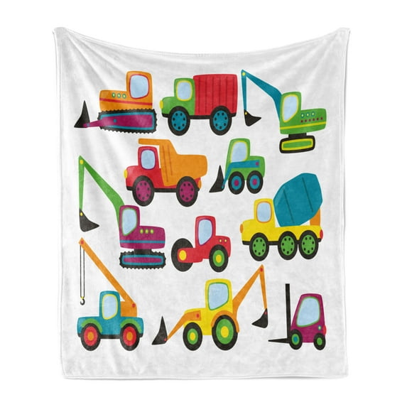 Construction Soft Flannel Fleece Throw Blanket, Style Vehicles and Heavy Equipment Forklift Earthmover Excavator Mixer, Cozy Plush for Indoor and Outdoor Use, 60" x 80", Multicolor, by Ambesonne