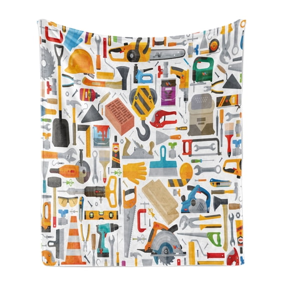 Construction Soft Flannel Fleece Throw Blanket, Construction Tools in Cartoon Style Engineering Fixing Repairing Building, Cozy Plush for Indoor and Outdoor Use, 50" x 60", Multicolor, by Ambesonne