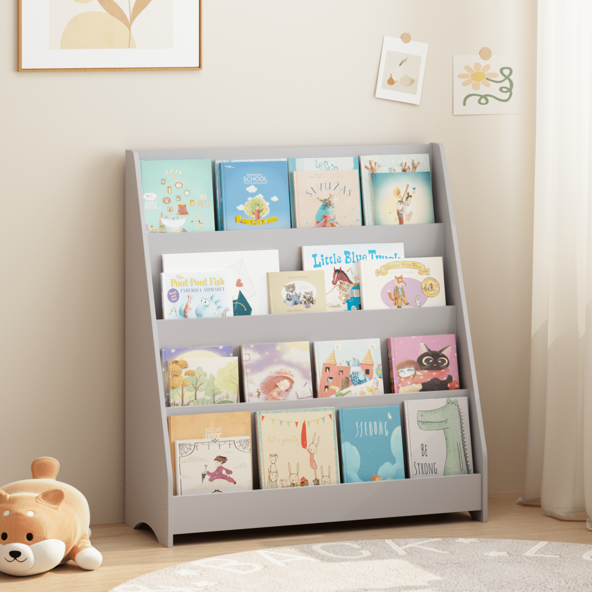 4-Tier Kids Bookshelf with Toy Storage Bin Triangular Support MDF Childrens Book Display Organizer