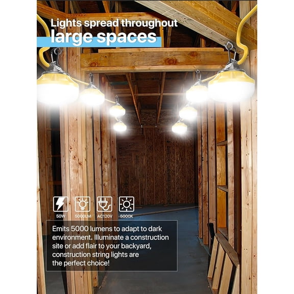Construction String Lights: 50FT 5 Bulbs Work Lights with Climbing Hooks - IP65 Waterproof Linkable LED Industrial Temporary Lighting for Construction Sites Attic Crawlspace Renovation