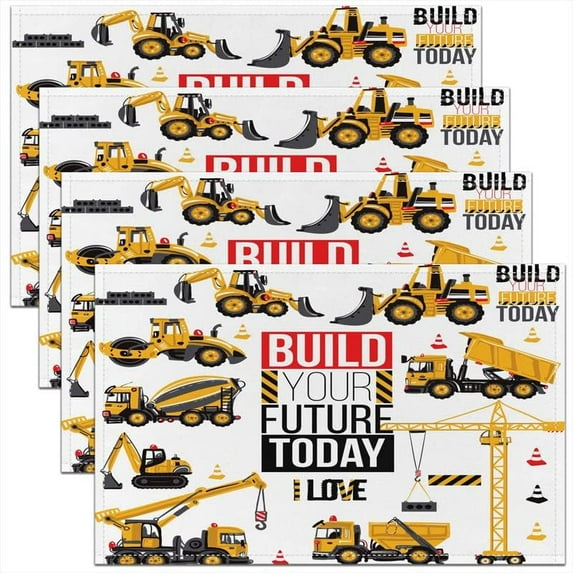 Construction Table Place Mats Set of 4 Kids Equipment Trucks Fabric Table Mats Placemat Excavator Tractor Placemats for Dining Table Construction Vehicles Yellow White Placemats 18"x12"