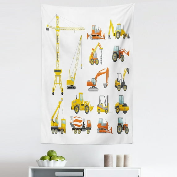 Construction Tapestry, Cartoon Heavy Equipment and Machinery Industry Building Transportation, Fabric Wall Hanging Decor for Bedroom Living Room Dorm, 5 Sizes, Yellow Orange Grey, by Ambesonne