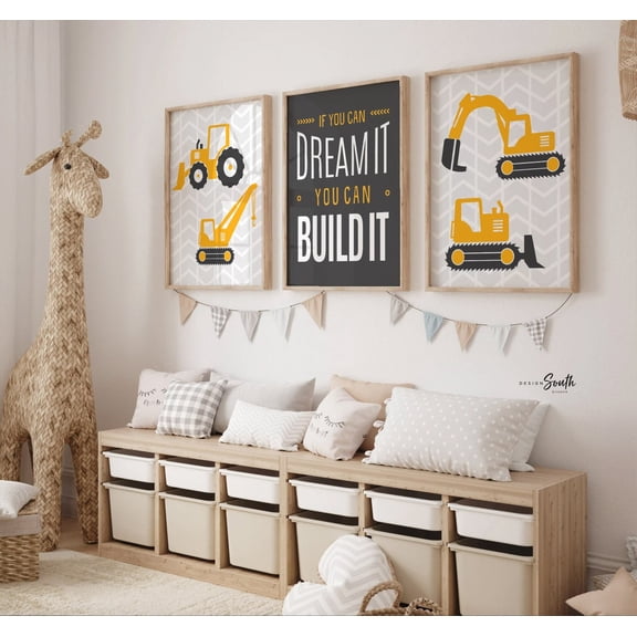 Construction Theme Boys Room Art Digger Print Set Yellow & Gray Home Decor Office Wall Art Set 3 Set 3