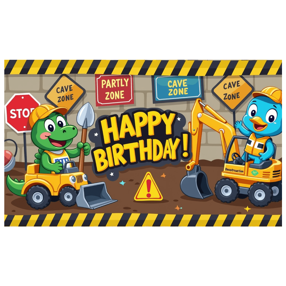 Construction Theme Cartoon Happy Birthday Banner Backdrop Background ...