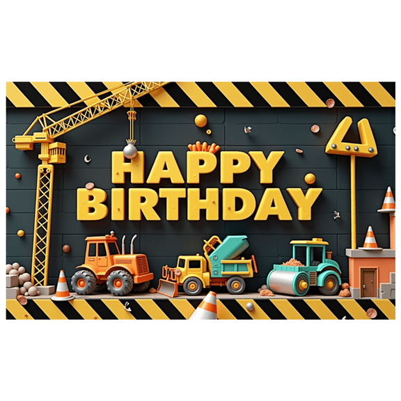 Construction Theme Happy Birthday Banner Colorful Vehicles Design Party Backdrop for Kids Celebration Event Decoration