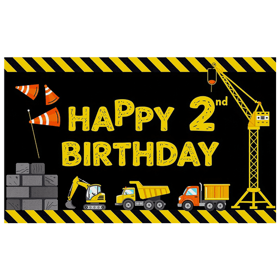 Construction Themed Happy 2 Birthday Banner Backdrop Decoration for Birthday Party Photography Props Party Supplies Background Decor