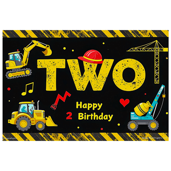 Construction Themed Happy 2 Birthday Banner with Tractors Cranes Helmets for Birthday Party Decorations Backdrop Photography Props Party Supplies