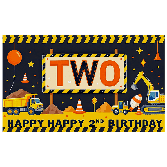 Construction Themed Two Year Old Happy Birthday Banner Backdrop Decor for Birthday Party Photography Props Background Party Decors