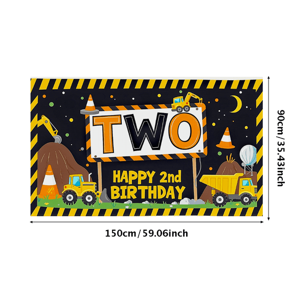 Construction Themed Two Year Old Happy Birthday Banner Backdrop Decor for Birthday Party Photography Props Background Party Decors