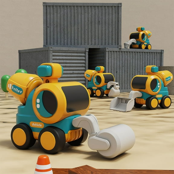 Construction Toy Vehicles Set | 4-Pack Mini Friction Powered Push & Play Trucks | Assorted Engineering Cars | Multicolor | Durable ABS Plastic | Hand-Eye Coordination | 14.5x9x5.8cm