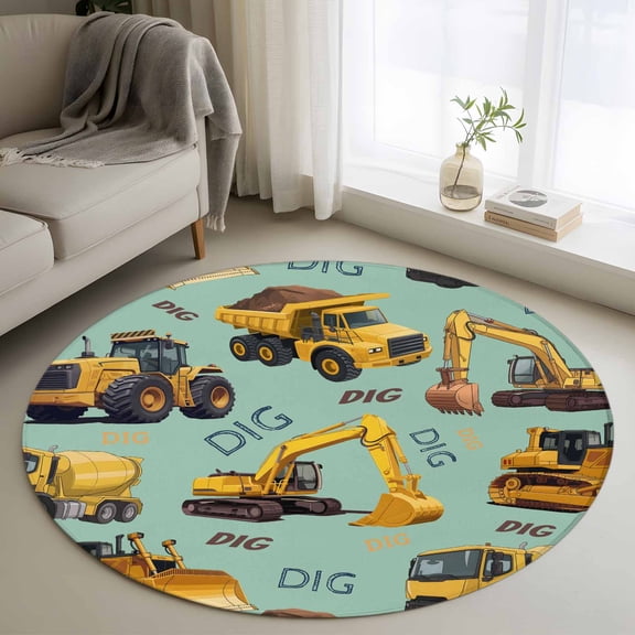 Construction Truck 3ft Area Rug, Cartoon Grips and Bulldozers Green Washable Non-Slip Small Round Rugs for Entryway Bedroom Kitchen, Soft Circle Carpet for Dining Room, Playroom Nursery Rug