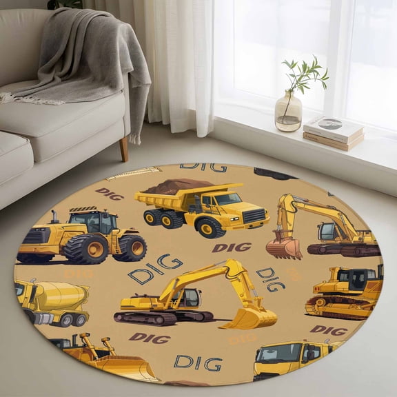 Construction Truck 3ft Area Rug, Cartoon Grips and Bulldozers Turmeric Washable Non-Slip Small Round Rugs for Entryway Bedroom Kitchen, Soft Circle Carpet for Dining Room, Playroom Nursery Rug