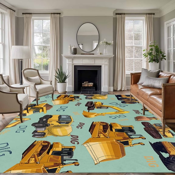 Construction Truck 6'x9' Area Rug for Living Room, Cartoon Grips and Bulldozers Green Non-Slip Floor Mat Rugs for Bedroom Dining Room, Indoor Large Carpet for Classroom, Nursery Rugs for Playroom