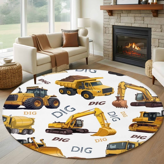 Construction Truck 8' Round Area Rug, Cartoon Grips and Bulldozers Stirrup Car Washable Non-Slip Large Circle Rugs for Living Room Bedroom, Soft Low Pile Rug Carpet for Dining Room Kitchen Farmhouse