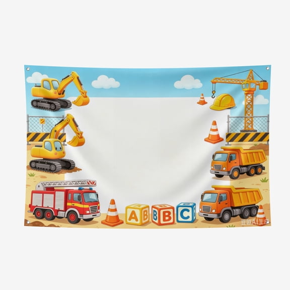 Construction Truck Backdrop, Excavator Crane Dump Truck Safety Cone ABC Blocks Photo Background for Kids Construction Birthday Party Boy Portrait Photography Booth Decorations