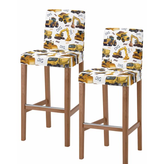 Construction Truck Bar Stool Covers Set of 2, Cartoon Grips and Bulldozers Stirrup Car Stretch Bar Chair Covers with Backs, Removable Pub Counter Height Chair Cover for Kitchen Dining Room Cafe