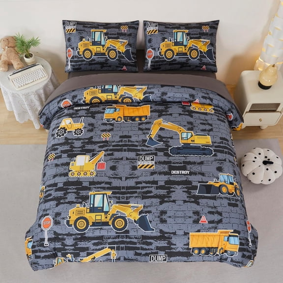 Construction Truck Bedding Set Excavator Tractor Bed Set for Boys Bedroom Kids Comforter Sets with 1 Comforter 2 Pillowcases (Black-Grey, Full)