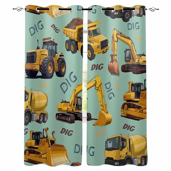 Construction Truck Blackout Curtains for Bedroom/Living Room, Thermal Insulated Kitchen Curtains, Cartoon Grips and Bulldozers Green Grommet Darkening Window Treatment Drapes 52"x84"x2