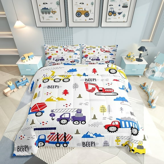 Construction Truck Comforter Twin Size Cartoon Cars Twin Bedding Set Machinery Excavator Tractor Equipment Comforter Set Cute Vehicles Red Blue Yellow Quilt Set