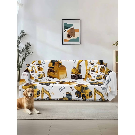 Construction Truck Couch Cover, Cartoon Grips and Bulldozers Stirrup Car Sofa Cover Blanket for 1 Seat Cushion, Sectional Sofa Slipcover Furniture Protector for Living Room Bedroom 71''x91''
