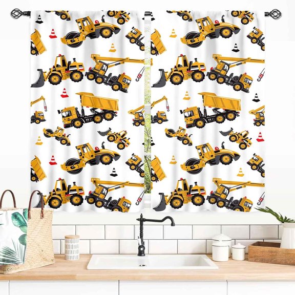 Construction Truck Curtains for Kids Boys Girls Room, Cartoon Tractor Excavator Cars Yellow Tractor Machinery Window Drapes Treatments for Bedroom Living Room Nursery 2 Panels, 27.5x36 Inch