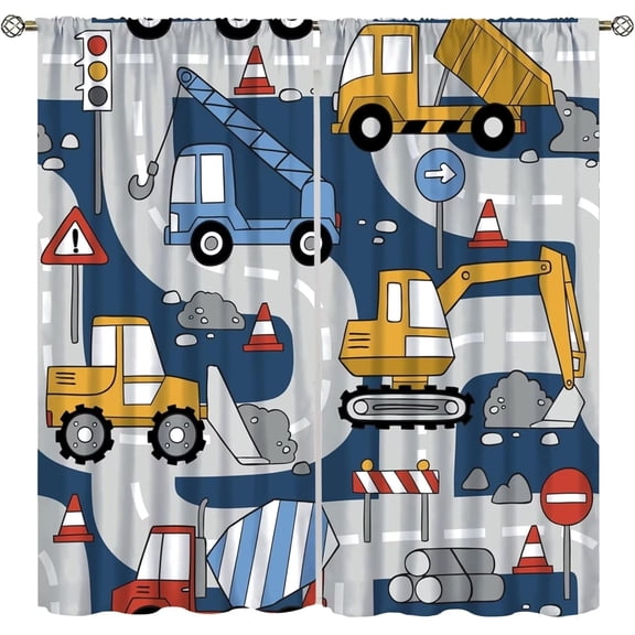 Construction Truck Curtains Rod Pocket Cartoon Excavator for Boys Kids Child Machinery for Living Room Bedroom Window Drapes Treatment Fabric 42"W x 63"L (Pack of 2)