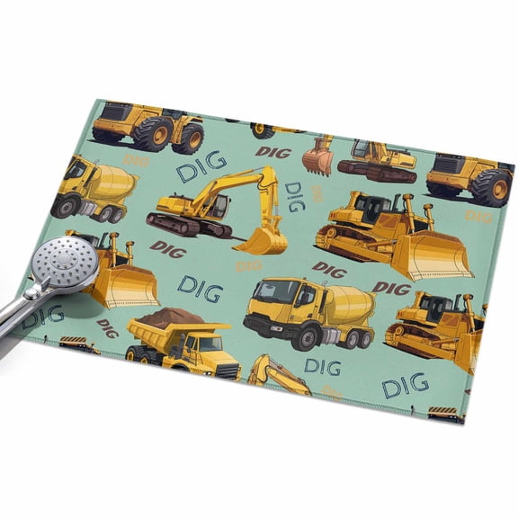 Construction Truck Entryway Rug 2x3ft Washable Non Slip Bathroom Rug Low Pile Indoor Floor Front Door Mat Cartoon Grips and Bulldozers Green Rectangle Area Rugs Carpet for Kitchen Office Dining Room