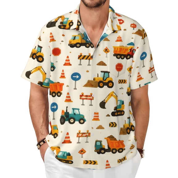 Construction Truck Excavator Men's Shirts Short-Sleeved with All-Over Prints Button-Up Shirts