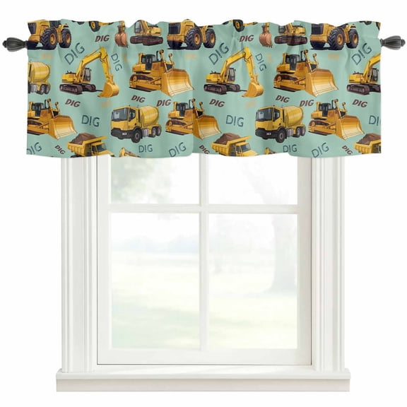 Construction Truck Farmhouse Short Window Curtain Valances, Cartoon Grips and Bulldozers Green Rod Pocket Kitchen Valances for Living Room Bedroom Bathroom Cafe 42" x 12"