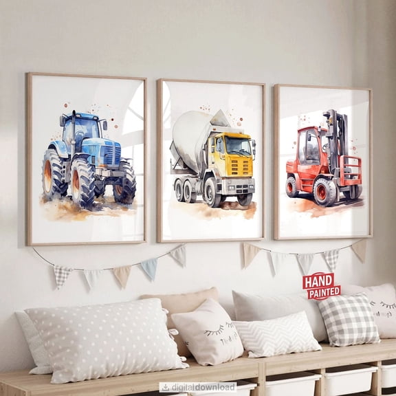 Construction Truck Froom Vehicle Pictures Boys Playroom Poster, Set 3, Poster Only