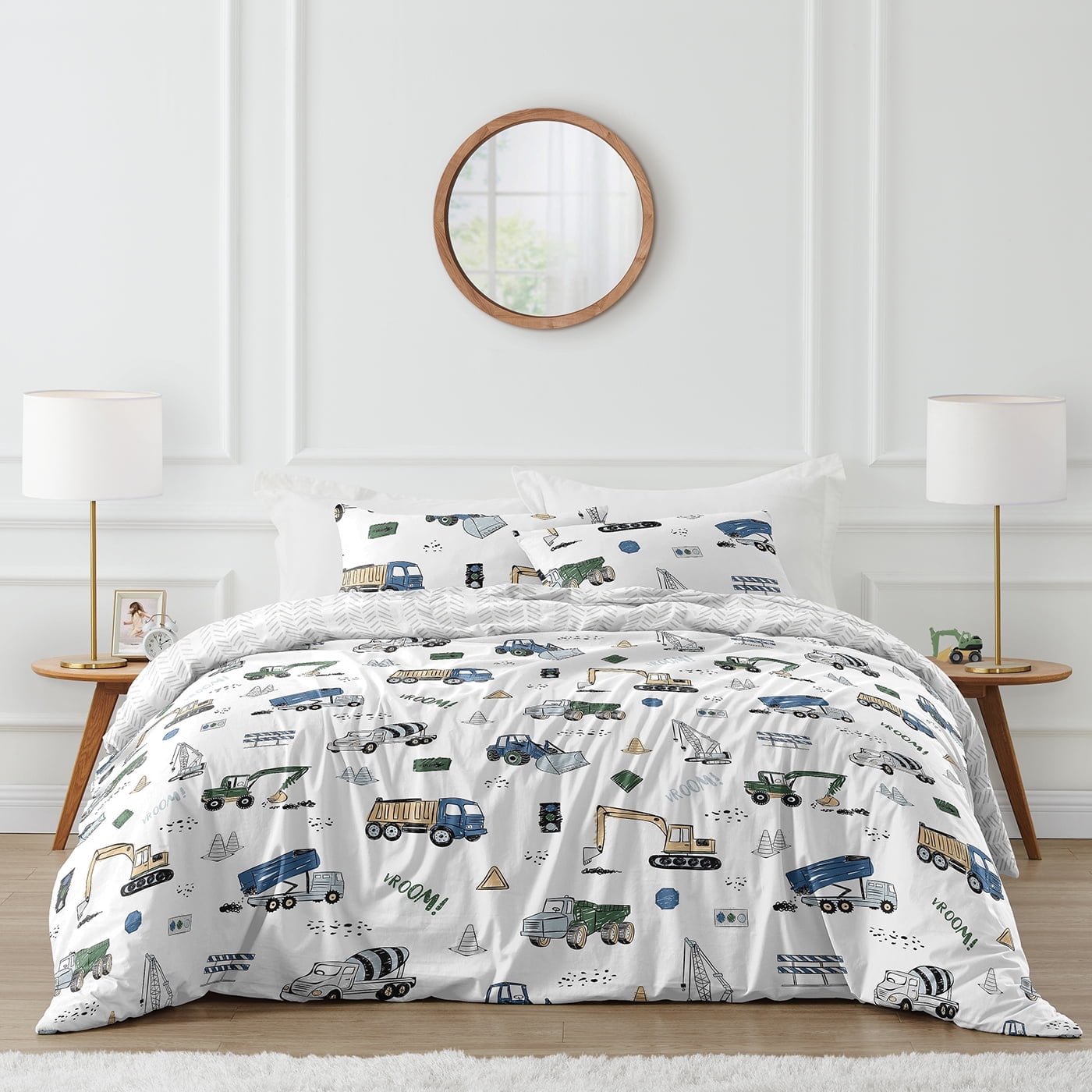 Full Blue Microfiber Boys' Construction Truck Bedding Set