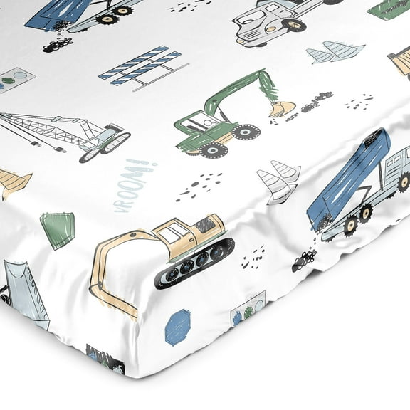 Sweet Jojo Designs Construction Truck Green Blue and Grey Satin Fitted Crib Sheet